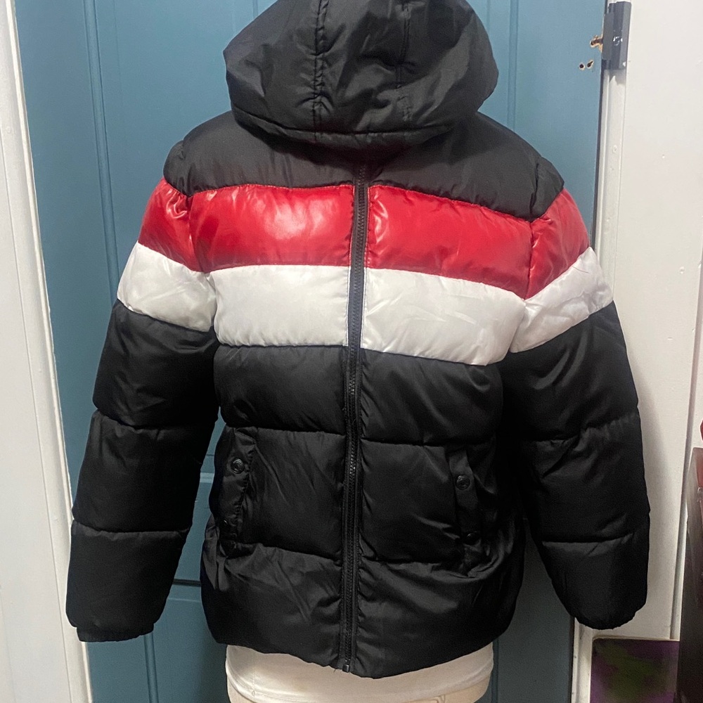 Stylish Kids Puffer Jacket - Black, Red, and White